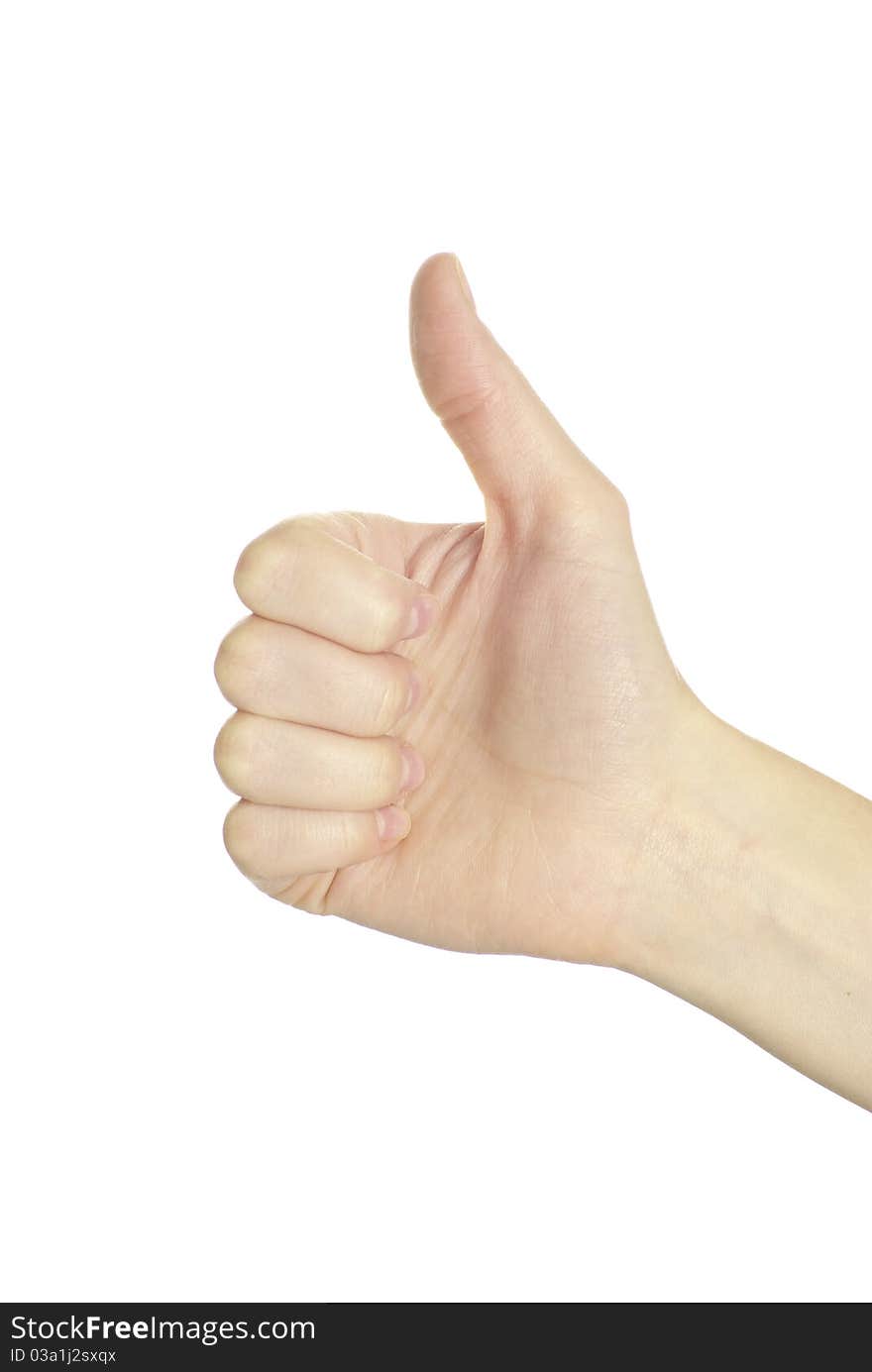 Human hand showing thumbs up isolated on white