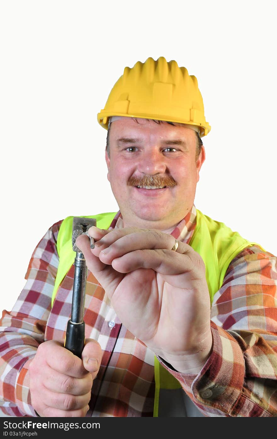 Worker driving a nail isolated on white background. Worker driving a nail isolated on white background