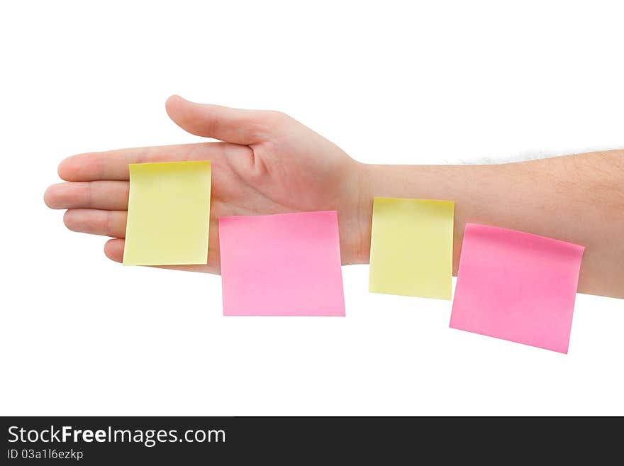 Hand and note paper isolated on white background