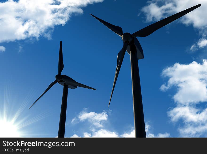 Wind turbines on blue sky