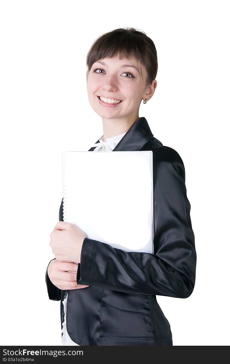 Smiling girl with a notebook on a white background