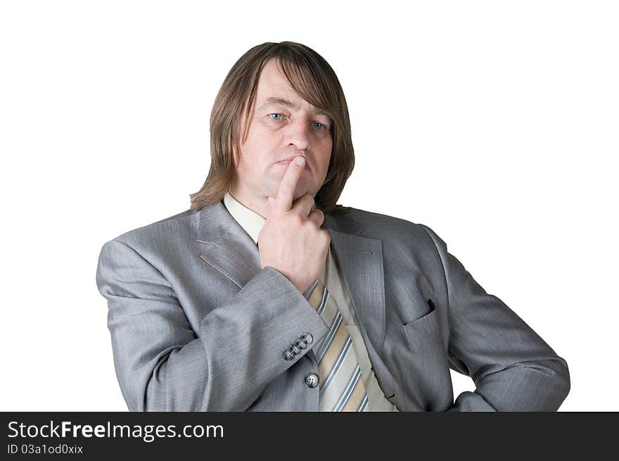 Man in a suit thinking on a white background. Man in a suit thinking on a white background