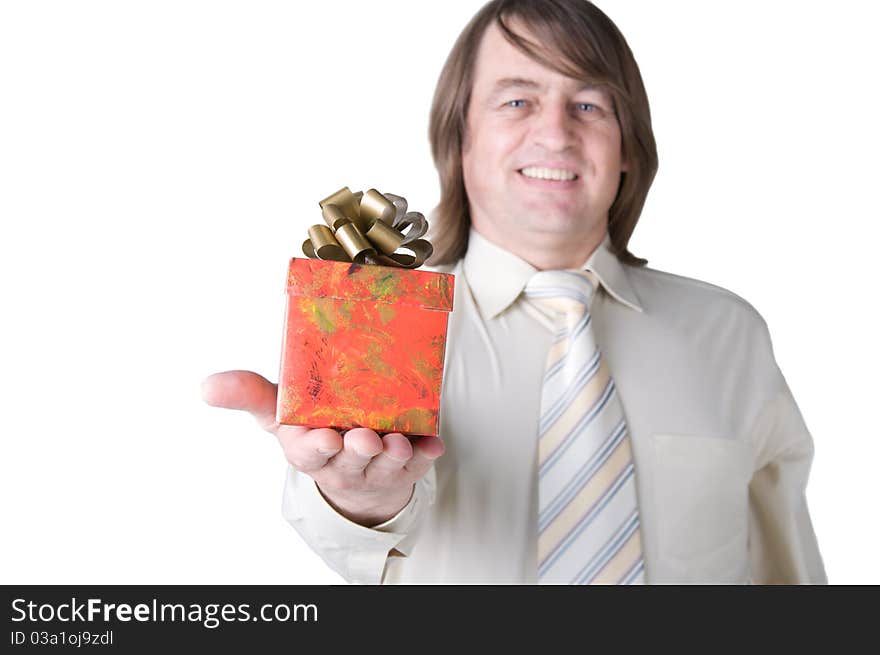 A man giving a gift on a white background. A man giving a gift on a white background