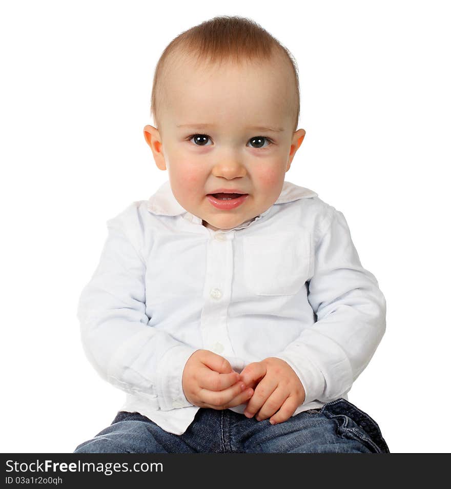 Beautiful baby boy posing isolated on white background. Studio work.