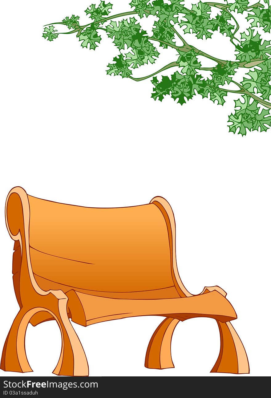 The illustration shows a yellow wooden bench.A tree branch leaning over the bench.Illustration on a white background.Additionally, a vector EPS format