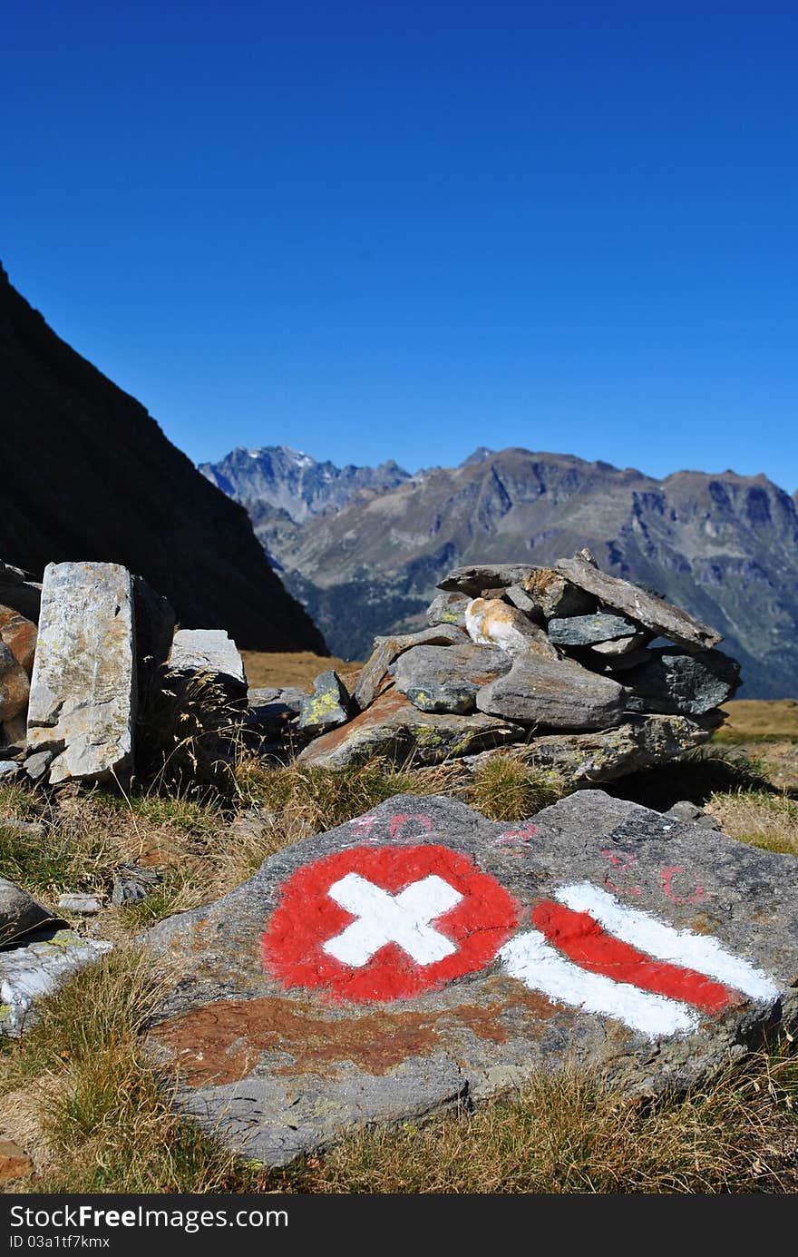 Flag on the borderline between italy and switzerland