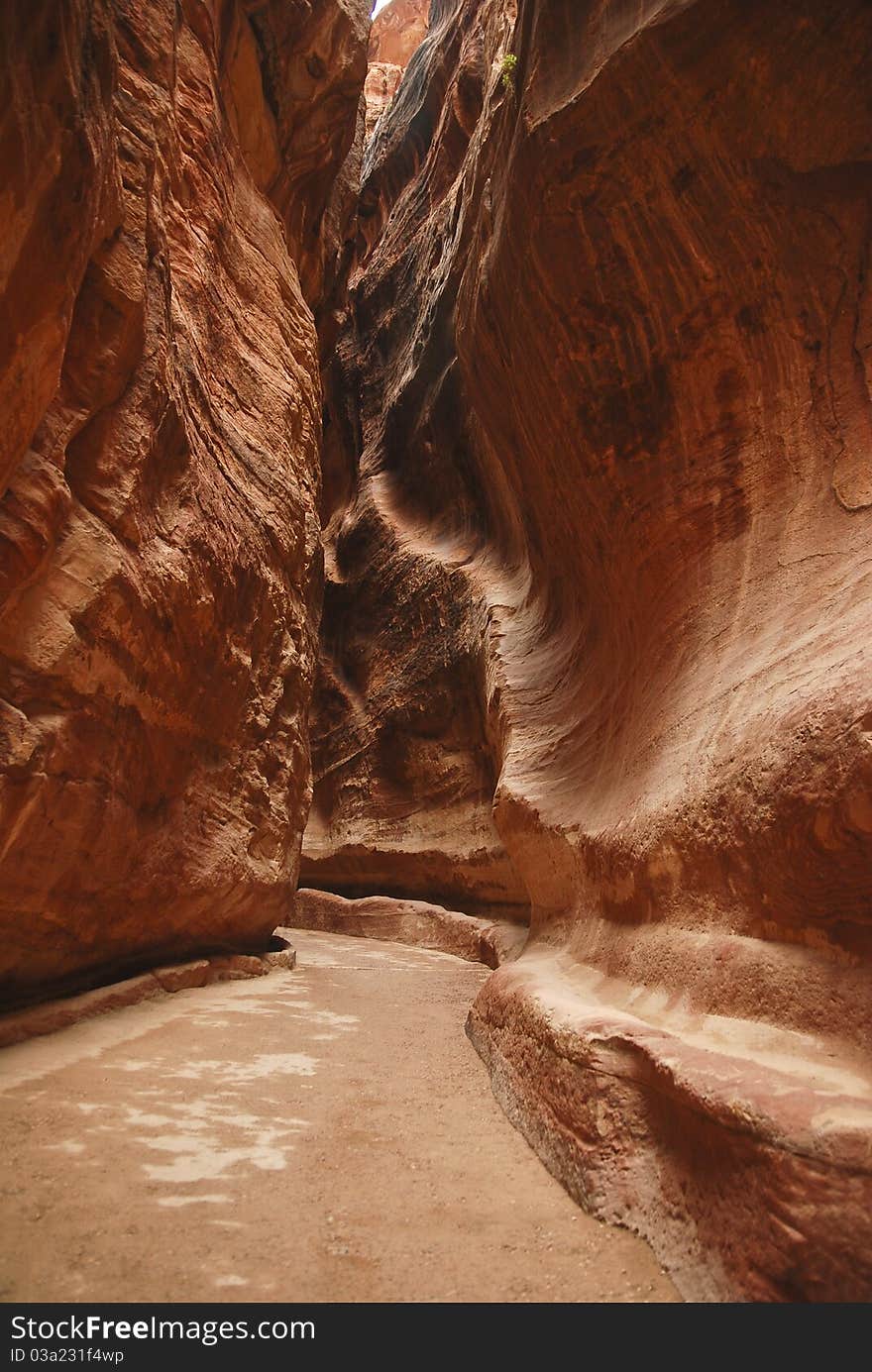 The walls of the Siq, the way in to the city of Petra, Jordan. The walls of the Siq, the way in to the city of Petra, Jordan