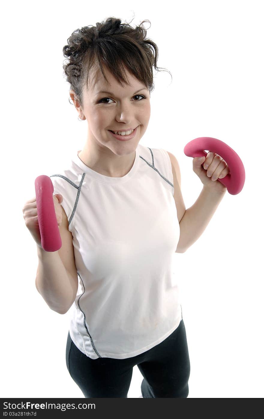 Young pretty woman exercises isolated on white background. Young pretty woman exercises isolated on white background.