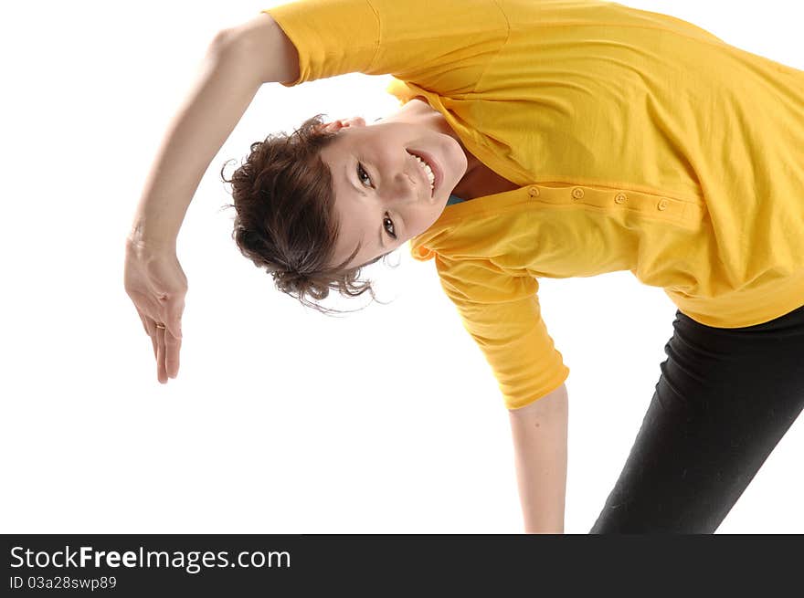 Young pretty woman exercises isolated on white background. Young pretty woman exercises isolated on white background.