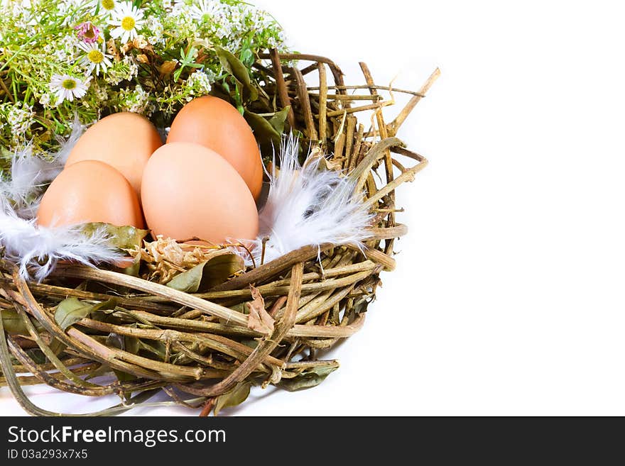 Four fresh eggs in a handmade bird's nest, decorated with flowers.