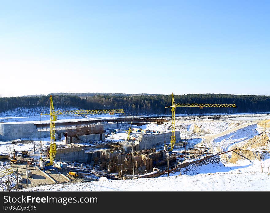 Construction of hydropower in the winter, the top view. Construction of hydropower in the winter, the top view