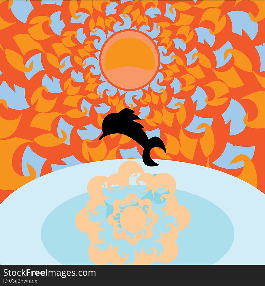 Illustration with sea, sun and image dolphins