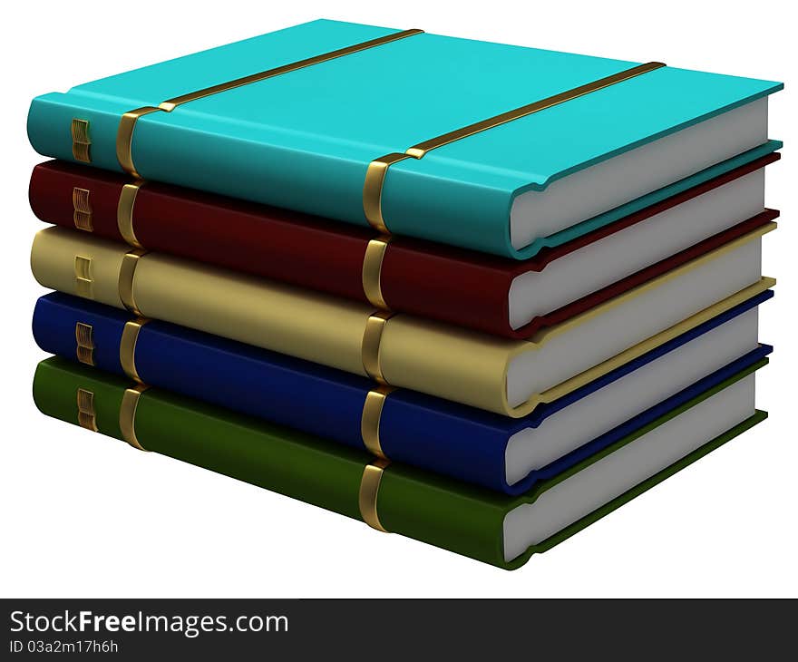 A stack of five colorful books with gold trim. A stack of five colorful books with gold trim