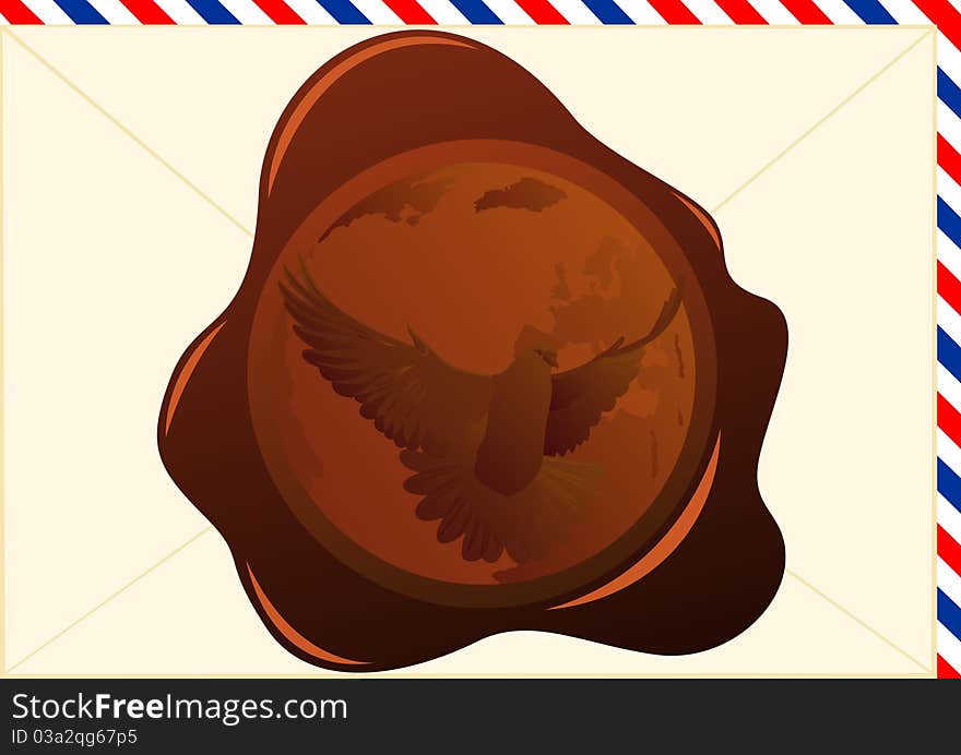 Wax seal with the image of a flying dove on the background of the Earth.