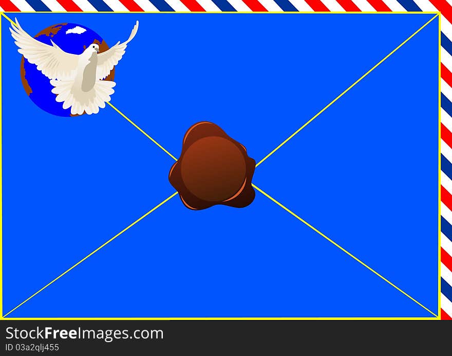 Envelope with a letter sealed wax seal and a picture of a flying dove on the background of the Earth. Envelope with a letter sealed wax seal and a picture of a flying dove on the background of the Earth