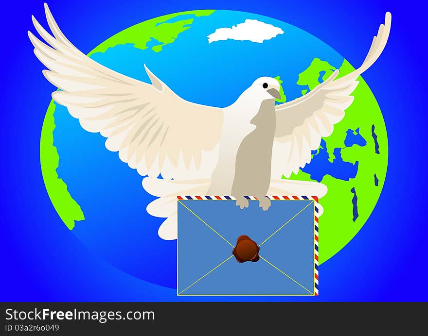 White dove with a sealed letter on the background of the Earth. White dove with a sealed letter on the background of the Earth