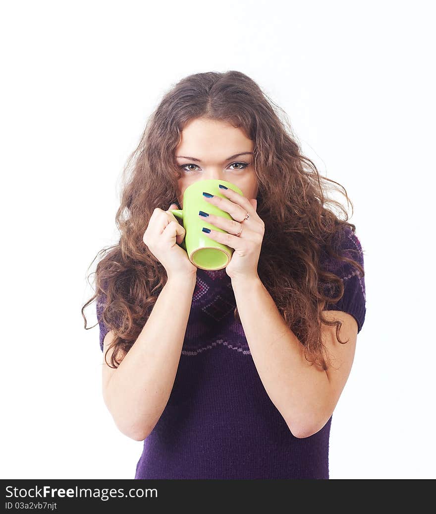 Young Beautiful Woman With A Green Cup