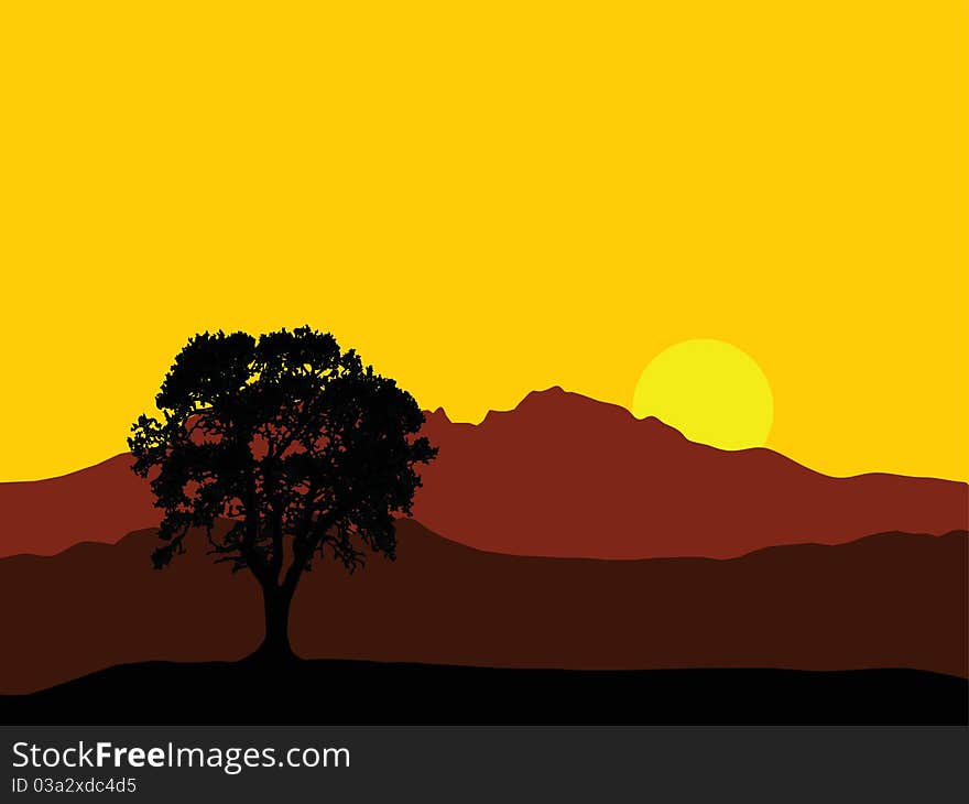 Golden sunrise over high mountain peaks and tree silhouette. Golden sunrise over high mountain peaks and tree silhouette