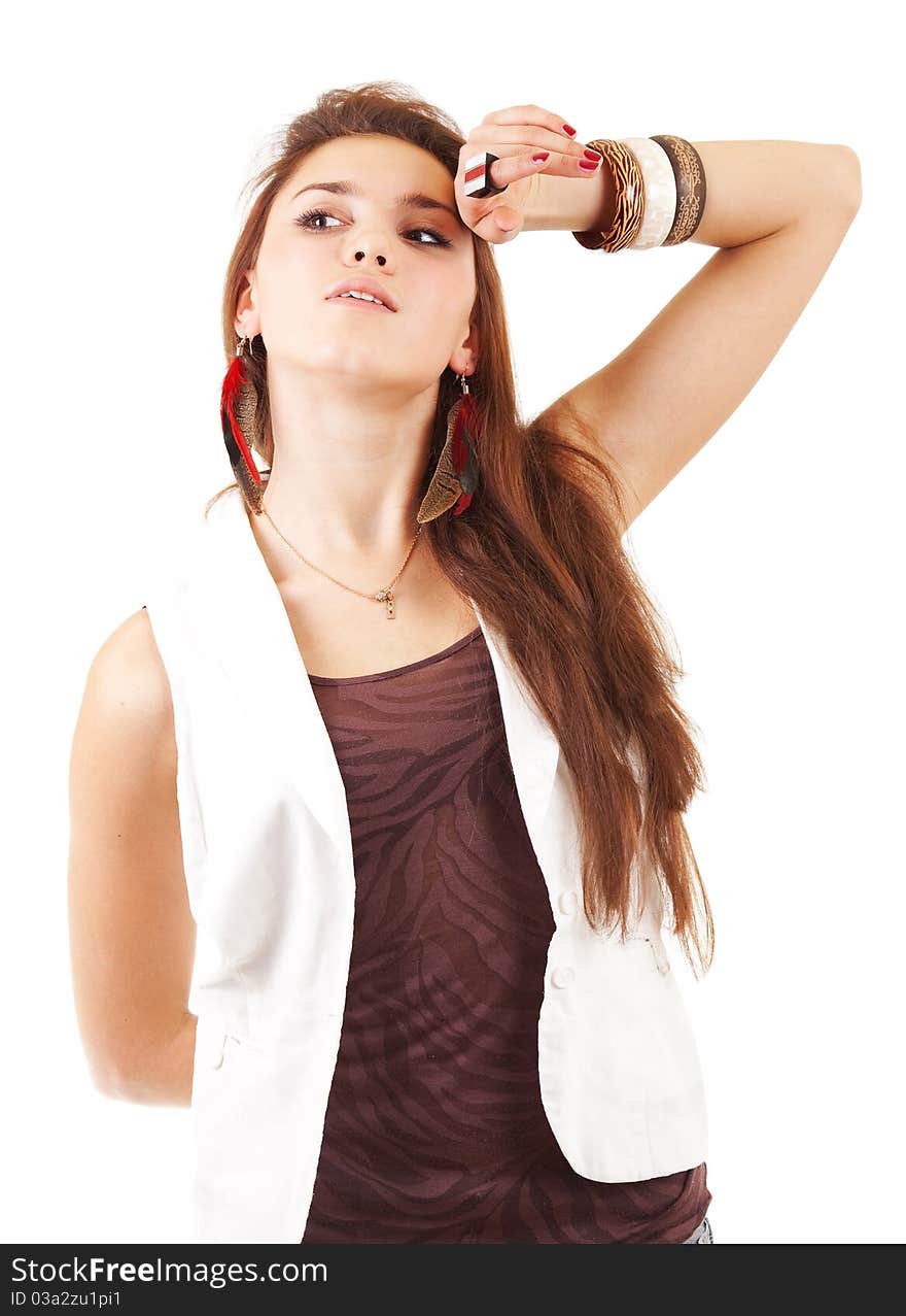 Young woman and headache on white background