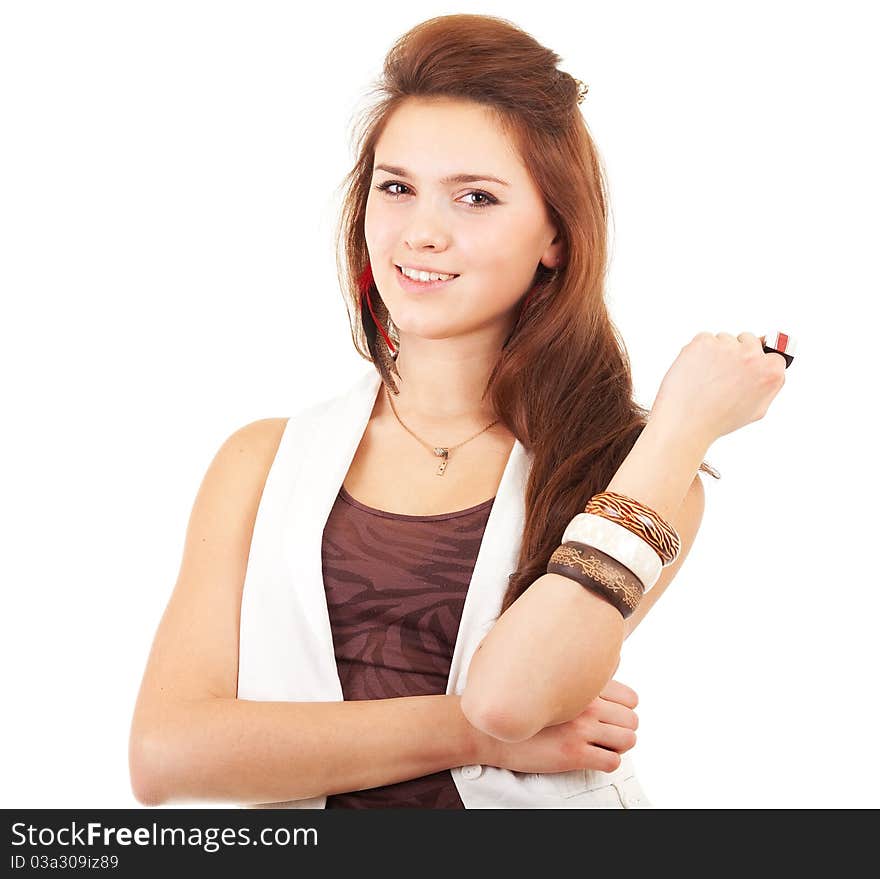 Young woman with ring on white background