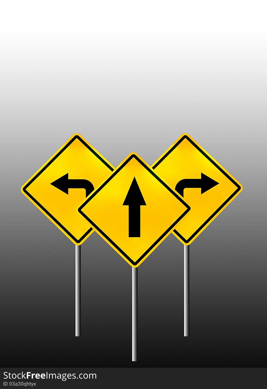 Signs straight, turn left, turn right isolated