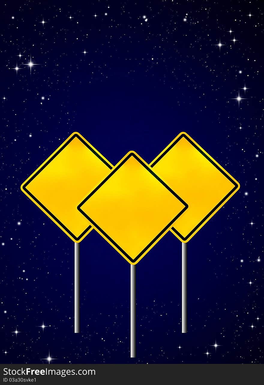 Blank yellow road warning sign on night sky