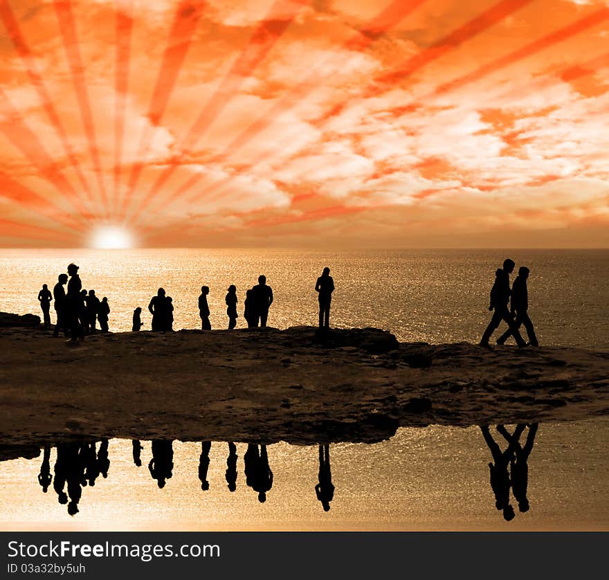 Silhouette of crowd of people on the edge of a cliff in ireland with reflection. Silhouette of crowd of people on the edge of a cliff in ireland with reflection