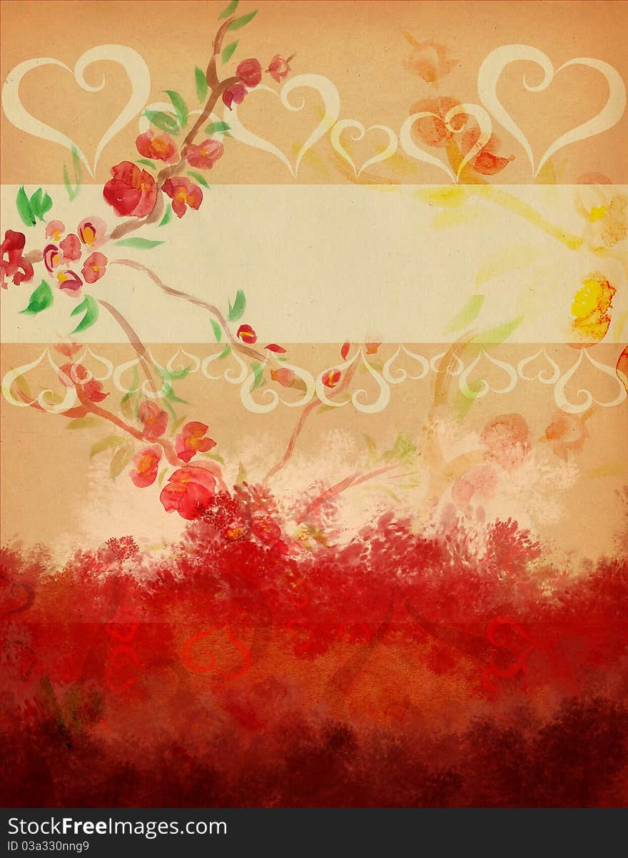 Background grunge - illustration with Heart and flowers