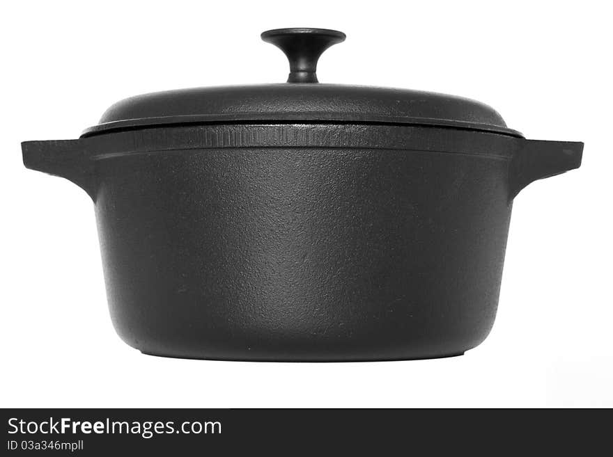 Cast-iron cauldron with cover without shadow isolated on white b