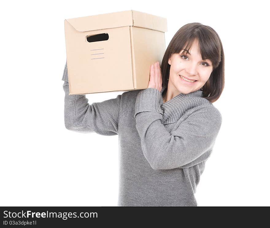 Young adult brunette woman holding cardboard box. over white background. Young adult brunette woman holding cardboard box. over white background