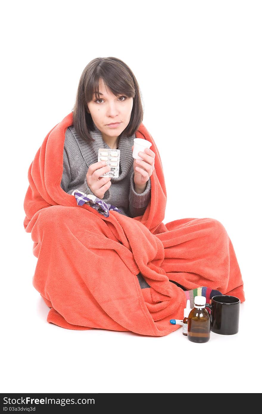 Young adult sick woman. over white background