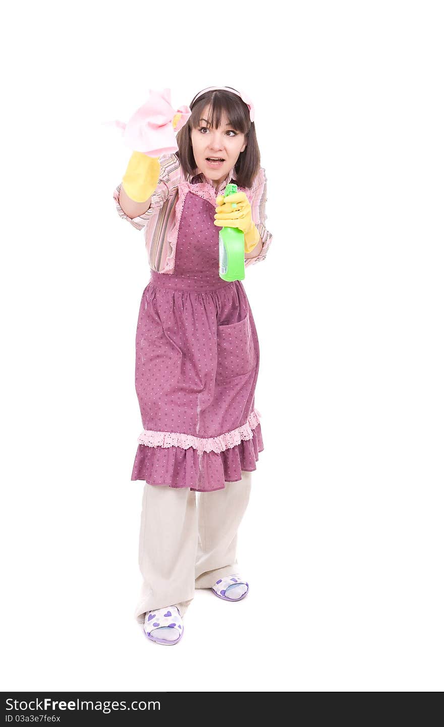 Young adult woman doing housework. over white background