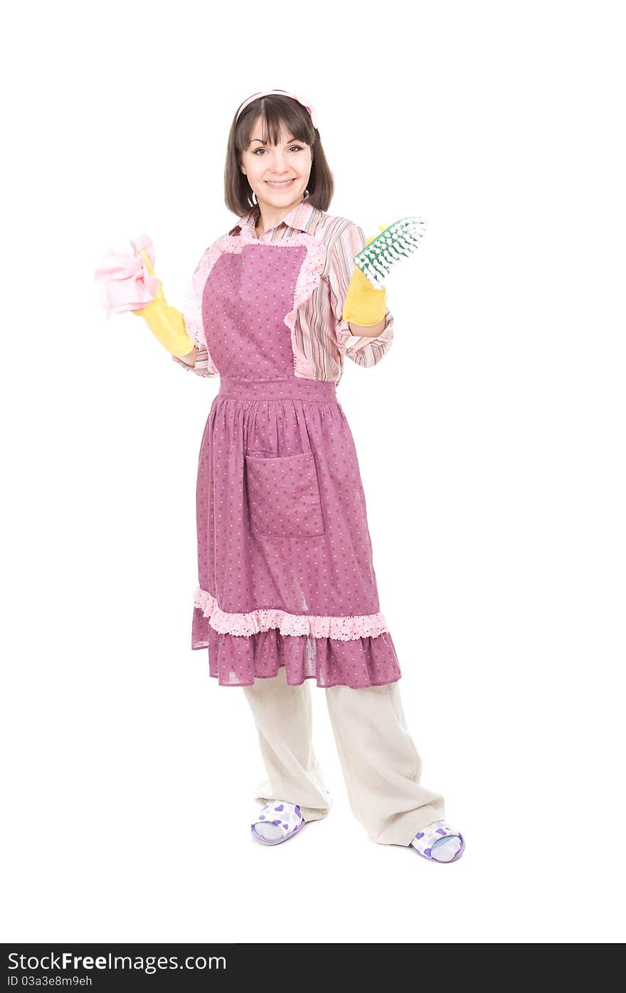 Young adult woman doing housework. over white background