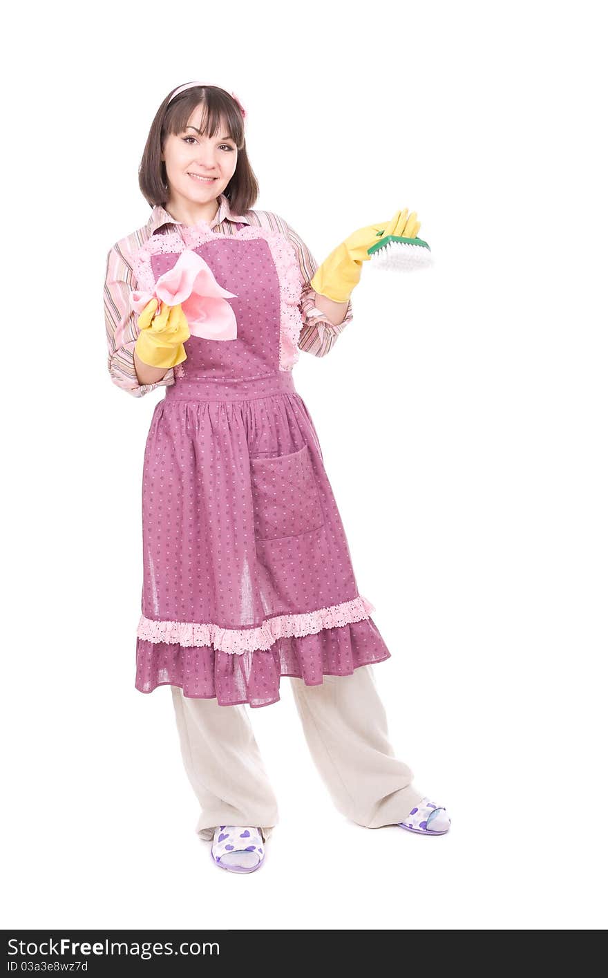 Young adult woman doing housework. over white background