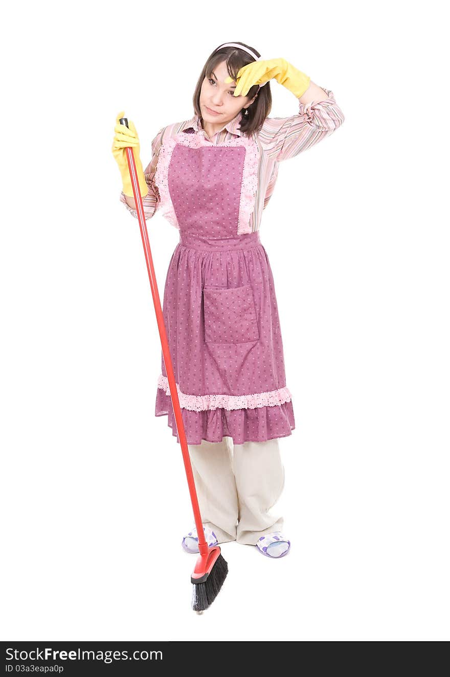 Young adult woman doing housework. over white background