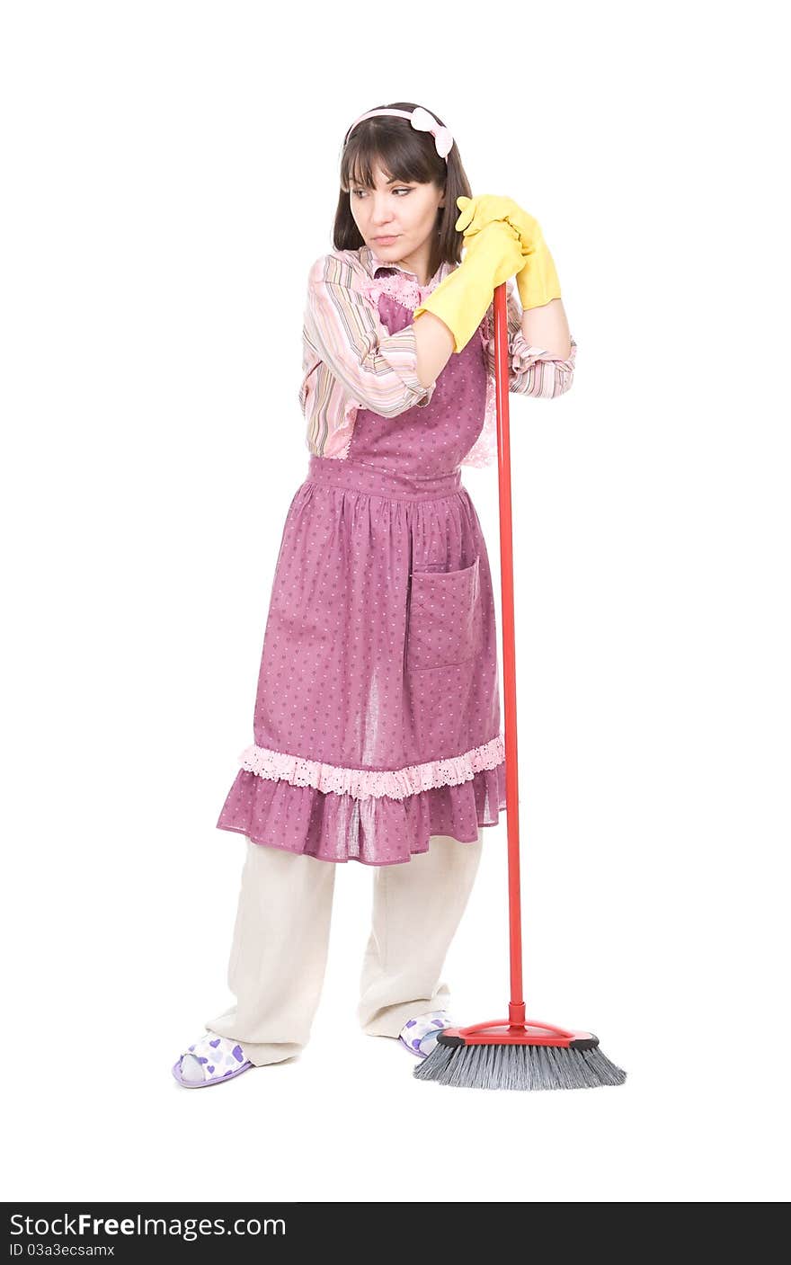 Young adult woman doing housework. over white background