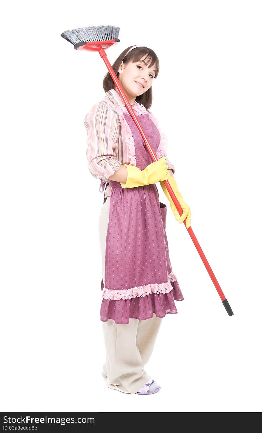 Young adult woman doing housework. over white background