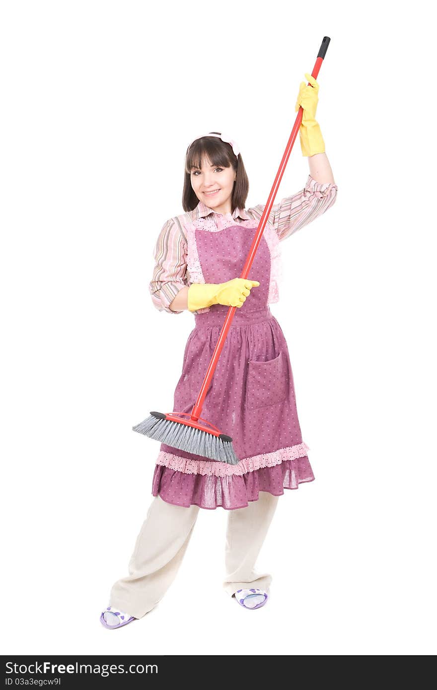 Young adult woman doing housework. over white background