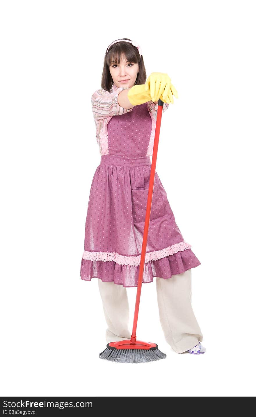 Young adult woman doing housework. over white background