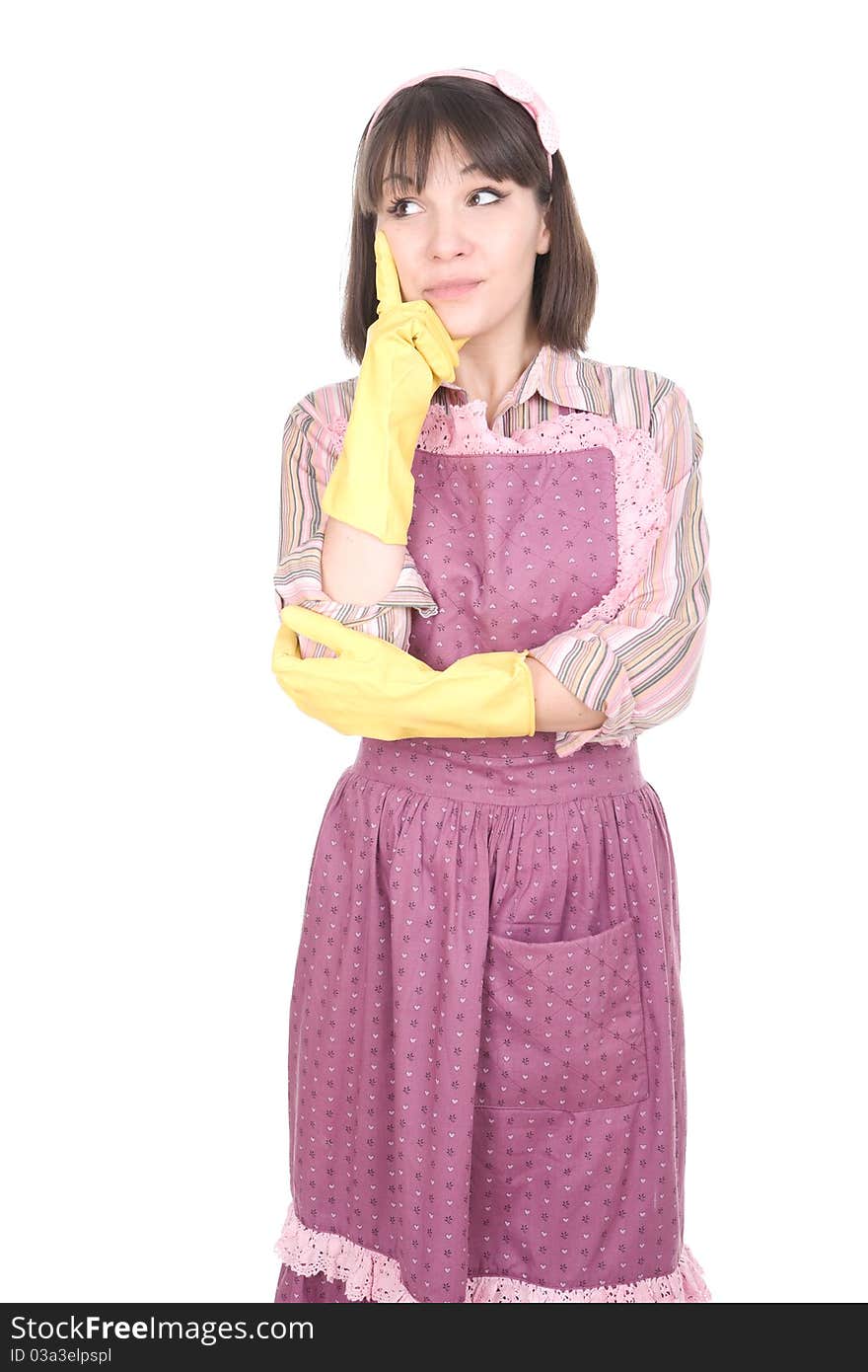 Young adult woman doing housework. over white background