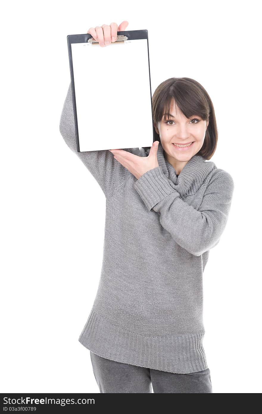 Young adult brunette woman with board. over white background. Young adult brunette woman with board. over white background