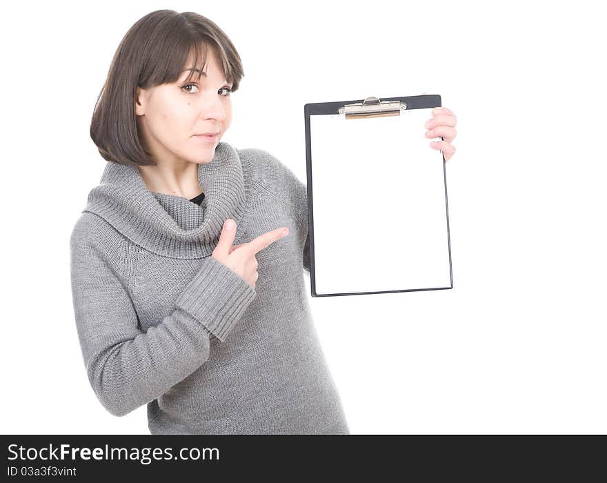 Young adult brunette woman with board. over white background. Young adult brunette woman with board. over white background