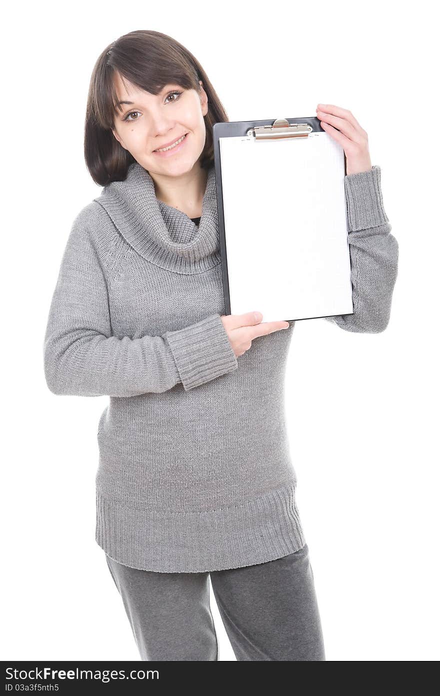 Young adult brunette woman with board. over white background. Young adult brunette woman with board. over white background