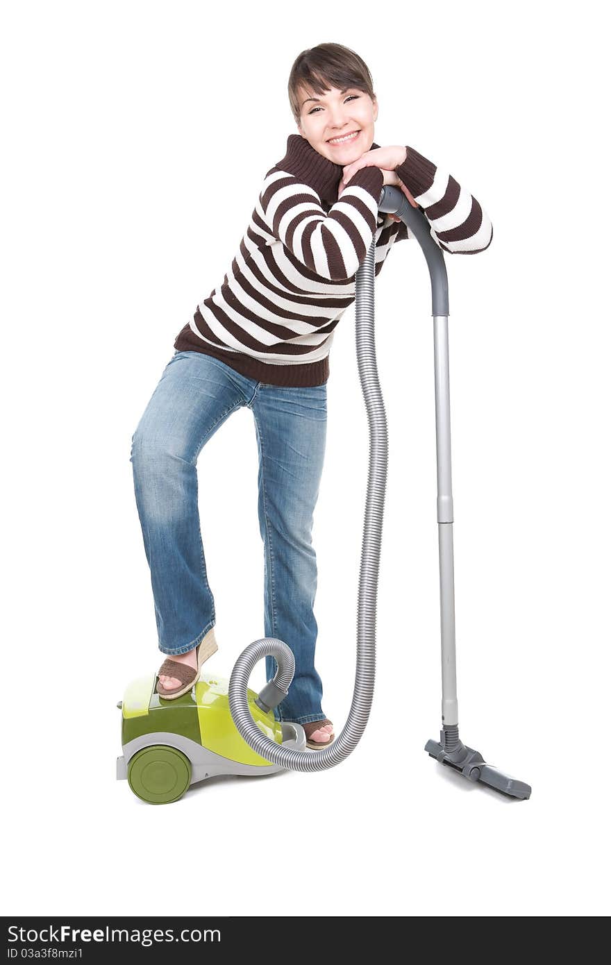 Young adult woman with vacuum . over white background