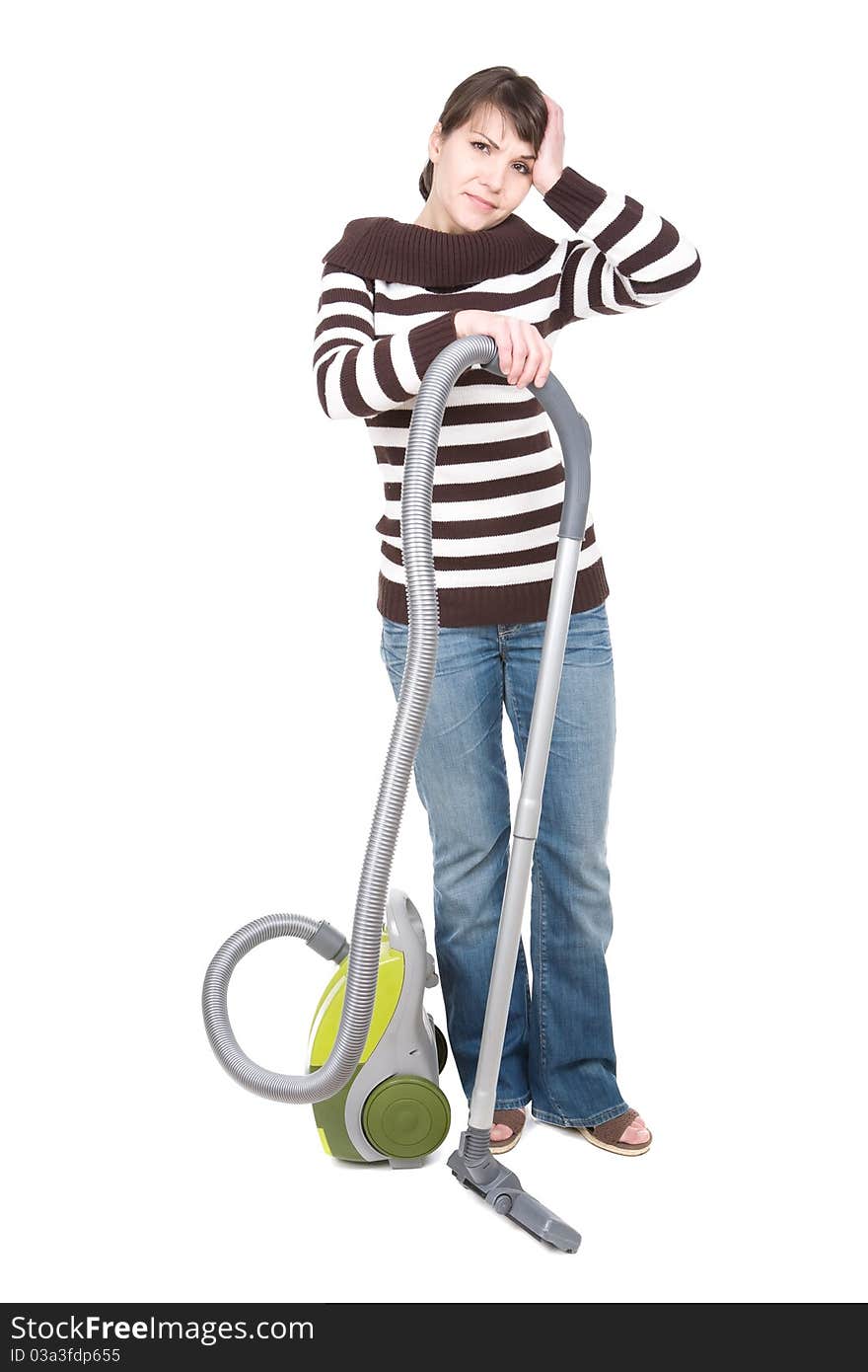 Young adult woman with vacuum . over white background