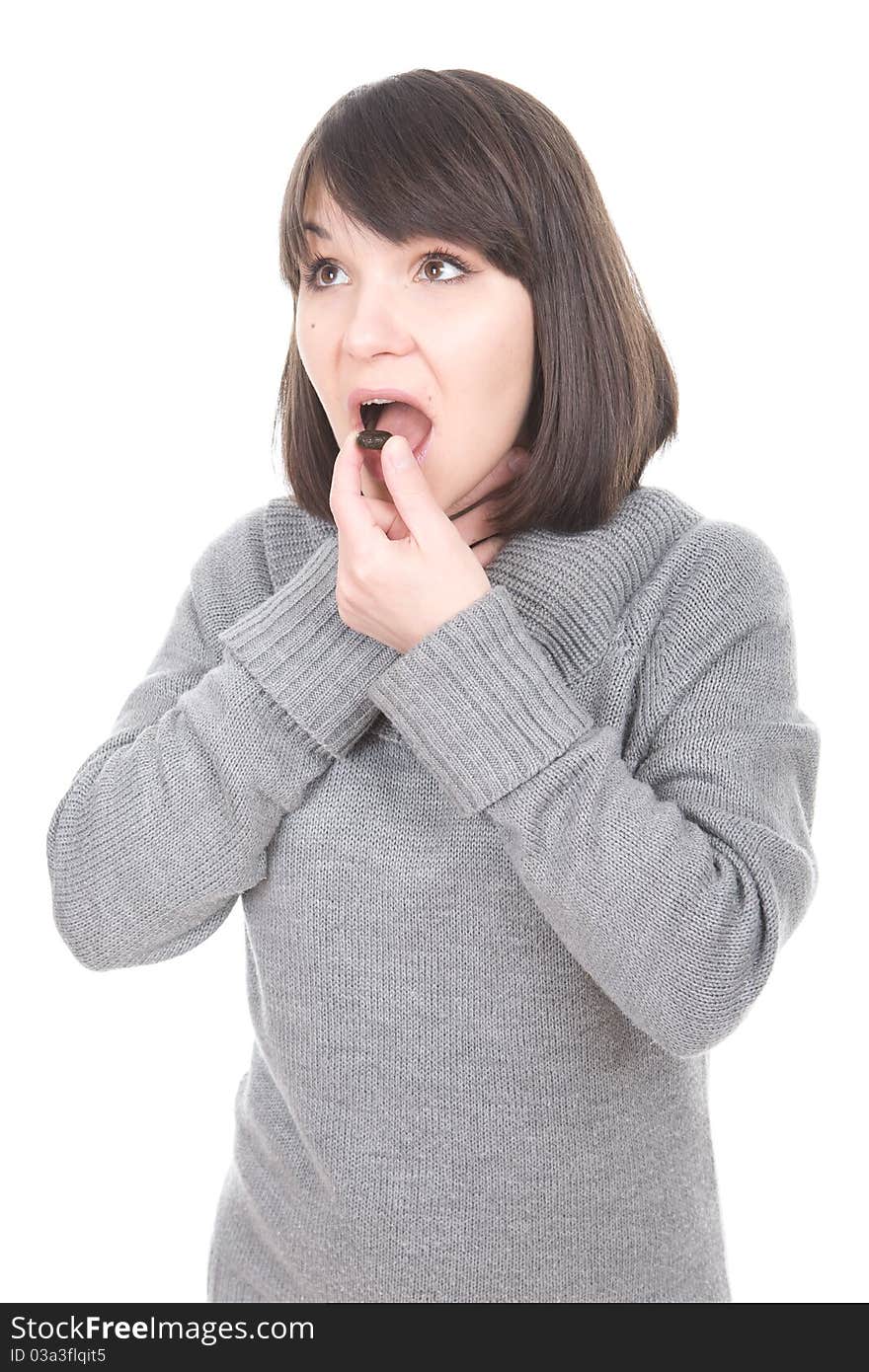 Young adult sick woman . over white background