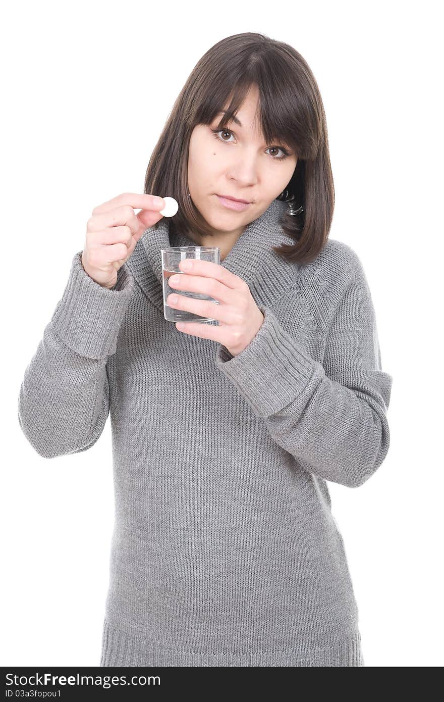 Young adult sick woman . over white background