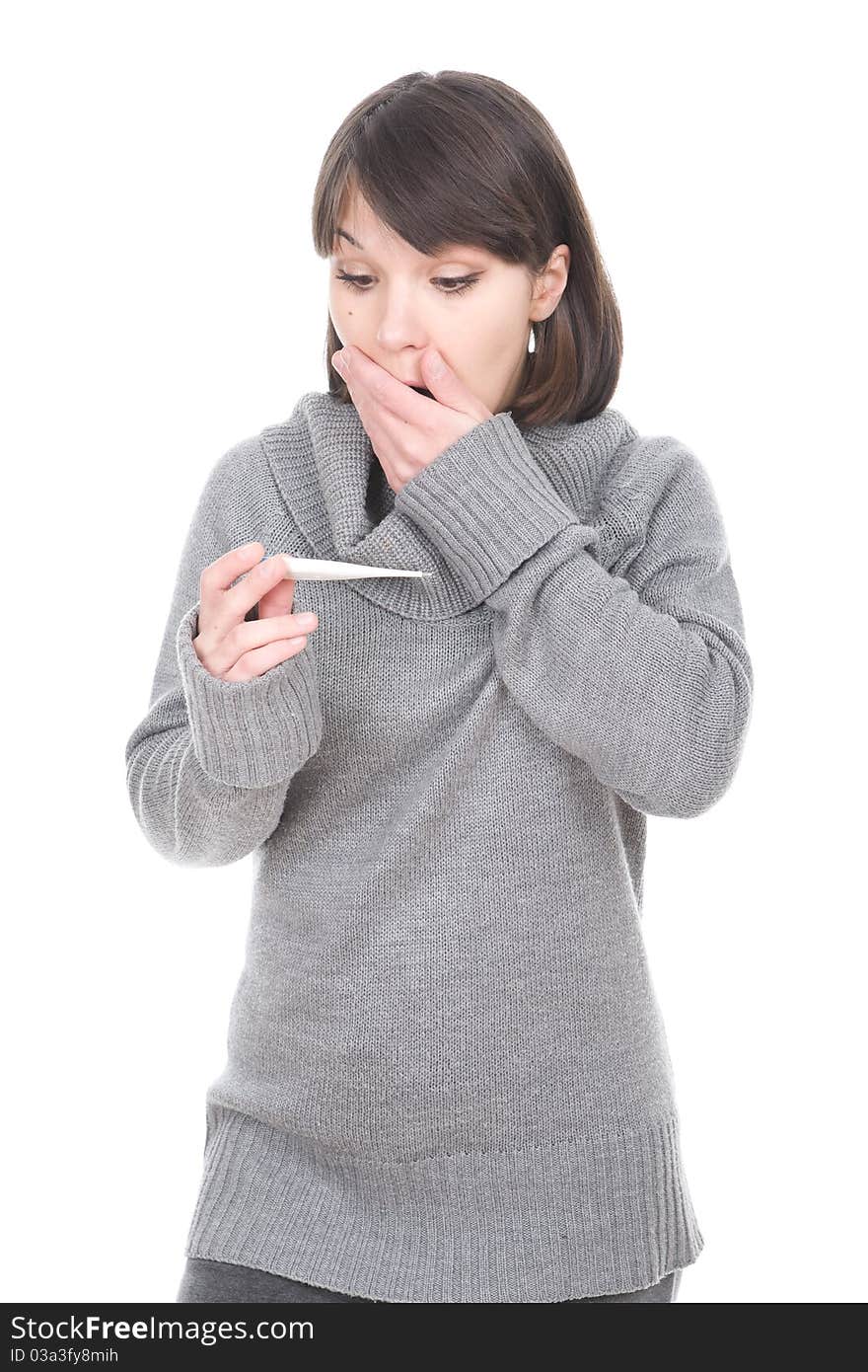 Young sick woman with thermometer. over white background