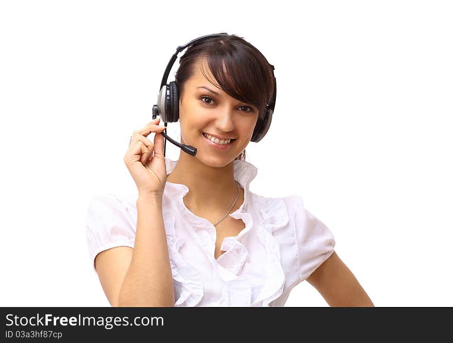 Young and smiling operator isolated over white background