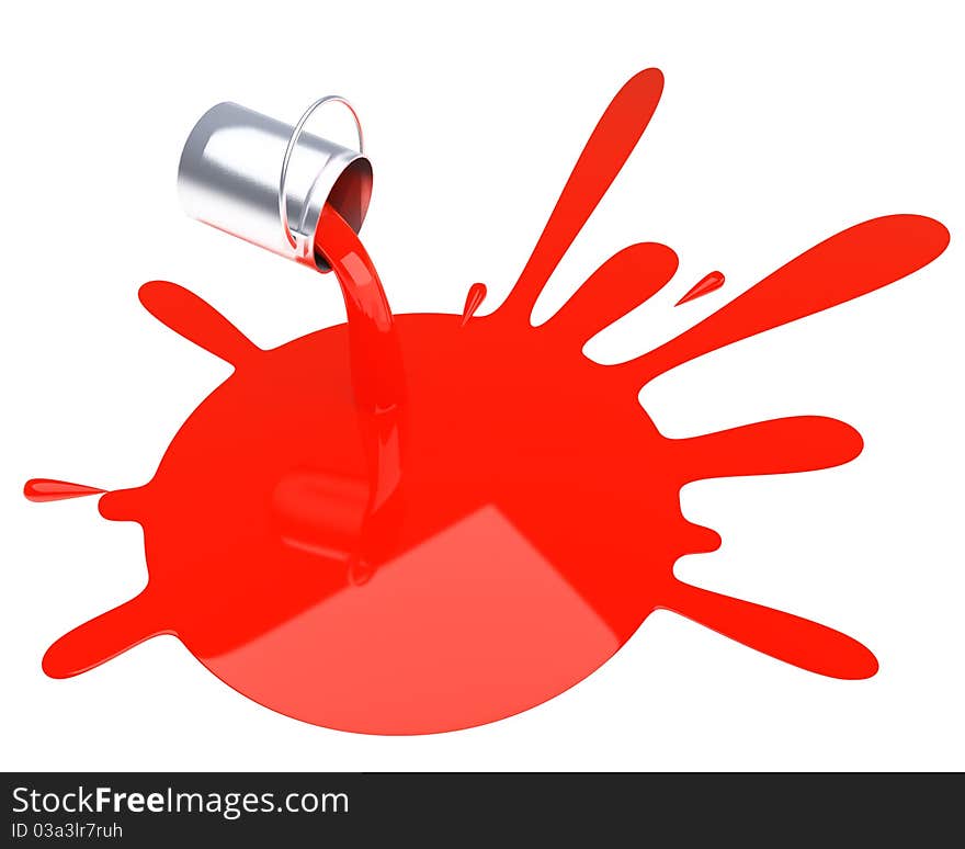 Silver bucket pours the bright red paint isolated over white. Silver bucket pours the bright red paint isolated over white